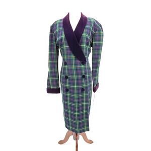 Vtg 80s/90s John Roberts Women's 12 Double Breasted Tartan Trench Midi Dress NOS